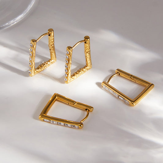 Luxury Minimalist Square Geometric Stainless Steel Plated Rhinestone Stud Earrings for Women