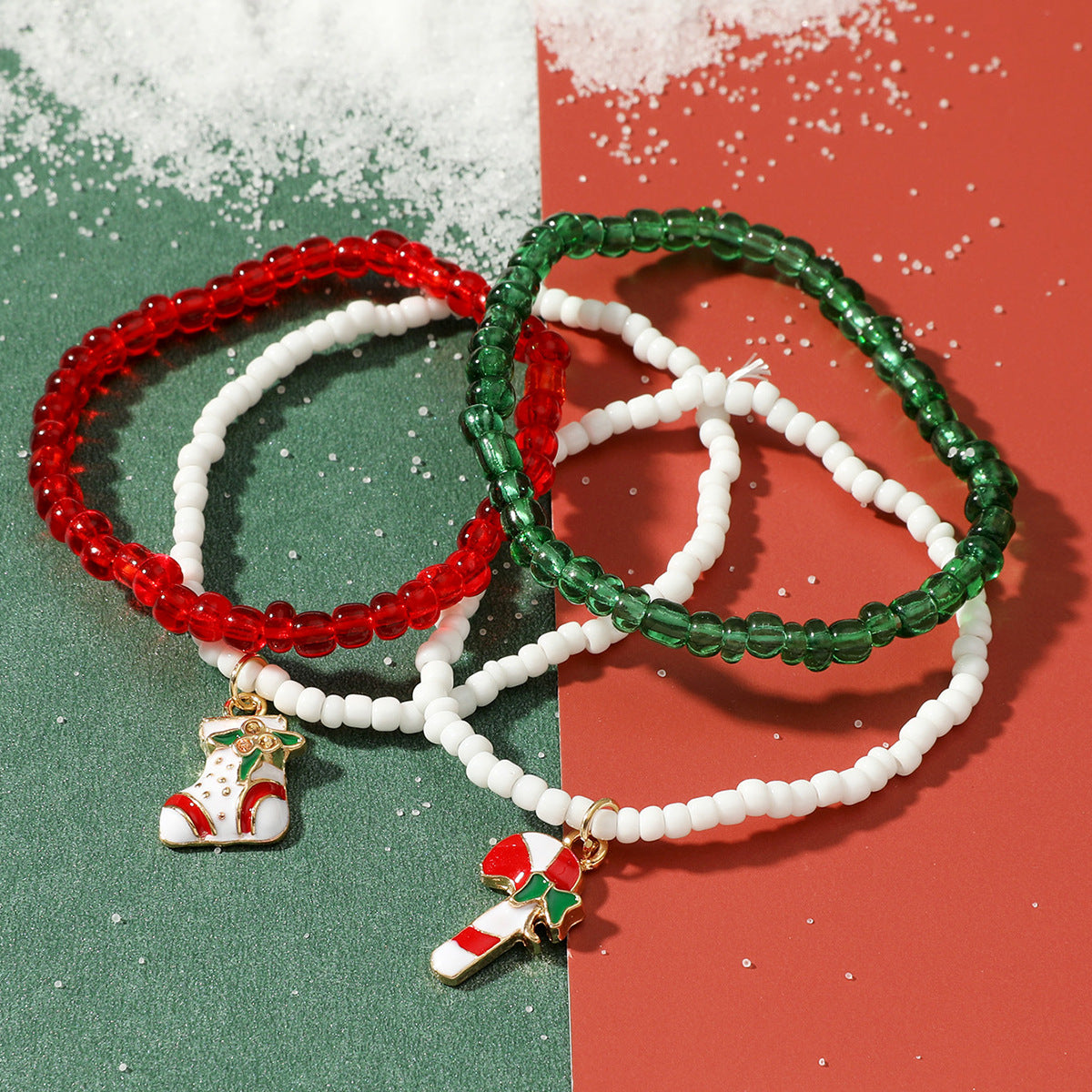 Set di braccialetti natalizi fatti a mano da donna, con perline in lega e design a bastoncino e calza, motivo geometrico, regalo di Natale