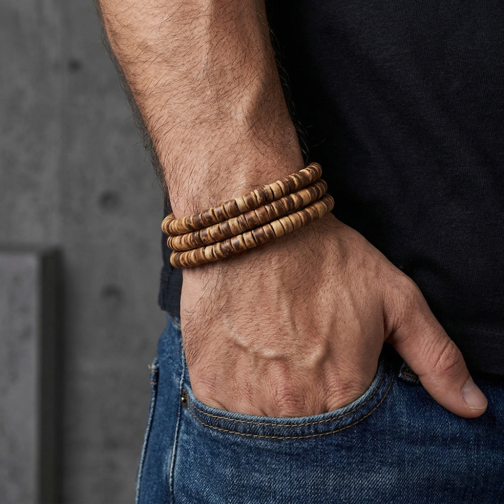 Hip-hop Punk Vintage Geometric Round Coconut Shell Handmade Bracelet Set for Unisex
