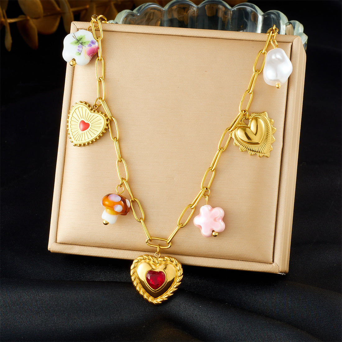 Elegant Gold Plated Rhinestone Inlaid Heart Mushroom Ceramic Pendant Stainless Steel Cable Chain Necklace Set for Women
