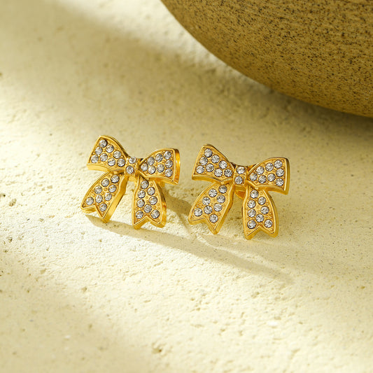 Vintage 18K Gold Plated Stainless Steel Bow Knot Rhinestone Earrings for Women