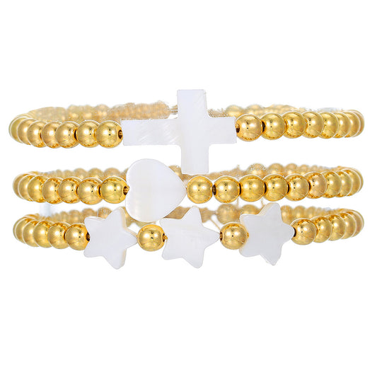 Pulsera de la Amistad Trenzada Ajustable para Mujer con Cuentas Geométricas de Cobre y Motivos de Corazón, Estrella y Cruz
