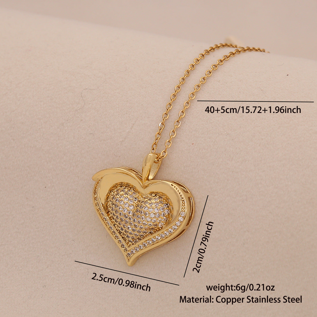 Ciondolo a Cuore Minimalista alla Moda in Rame con Zirconi Micro-Pave per Donna