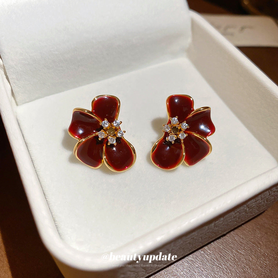 Orecchini pendenti floreali vintage con strass e olio, placcati in oro 18 carati, perni in argento 925, da donna