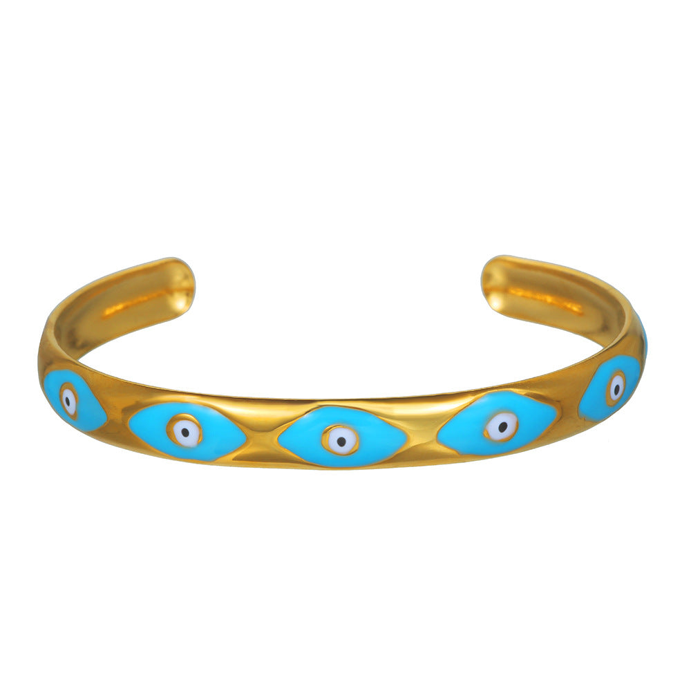 Vintage Drip Oil Plated Round Evil Eye Stainless Steel Open Cuff Bracelet for Women