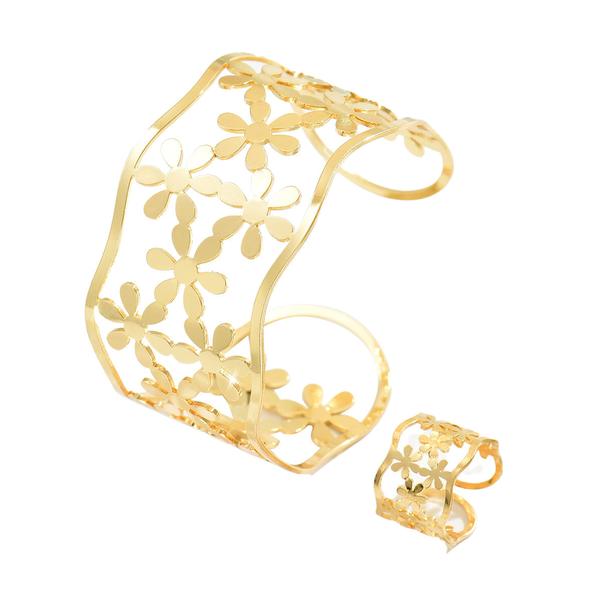 Conjunto de pulsera y anillo minimalista floral de aleación para mujer con acabado galvanizado y diseño geométrico
