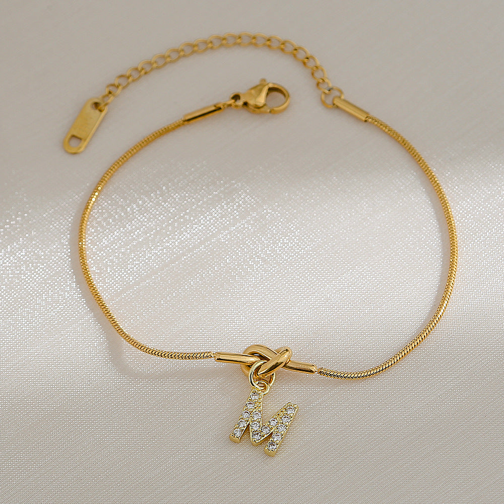 18K Gold Plated Stainless Steel Letter Heart Knot Charm Bar Bracelet for Women