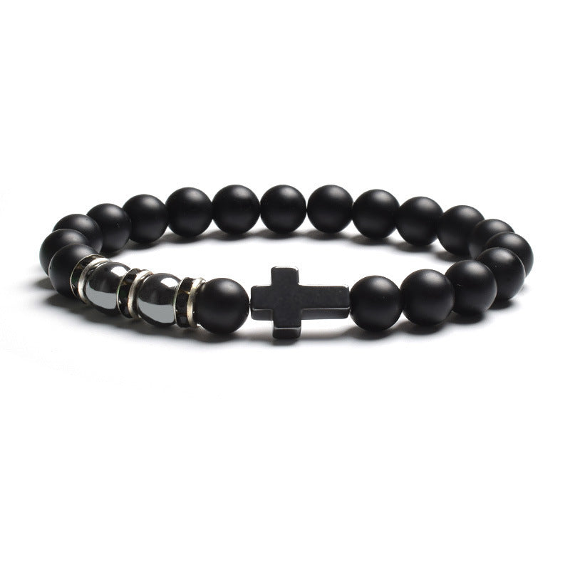 Vintage Cross Matte Stone Tiger's Eye Beaded Stretch Bracelet Unisex Geometric Handmade Jewelry