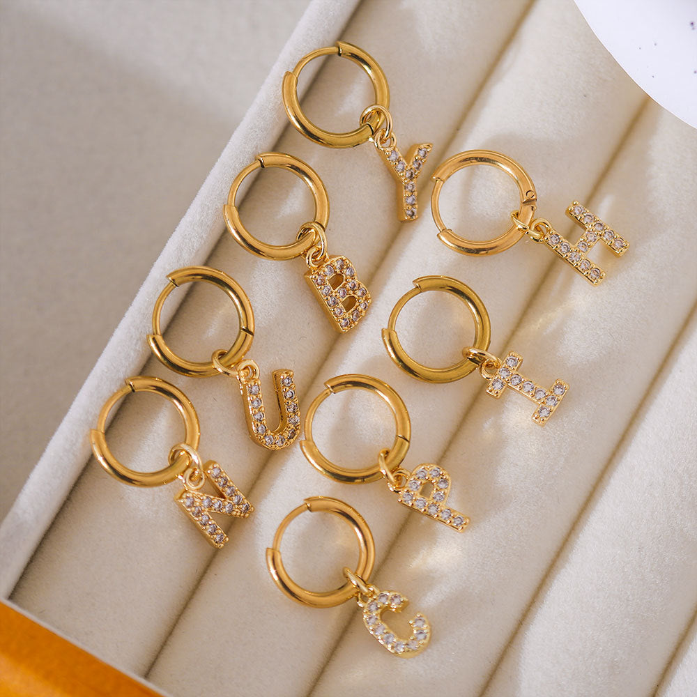 Minimalist Letter-Shaped Stainless Steel Pendant Earrings with 18K Gold Plating and Zircon Inlay