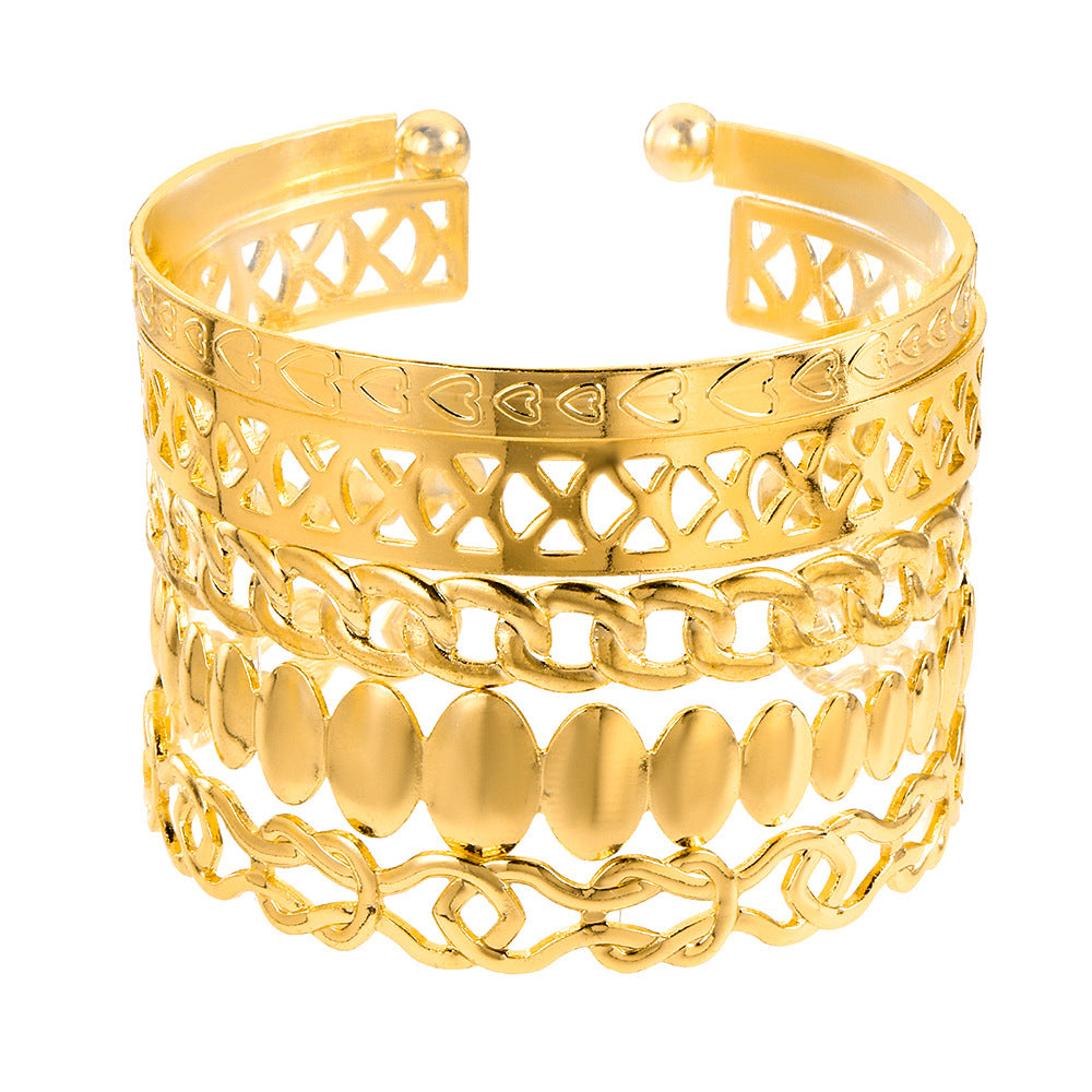 Personalized Geometric Heart Wheat Chain Open Cuff Bracelet Set Alloy Plated Women