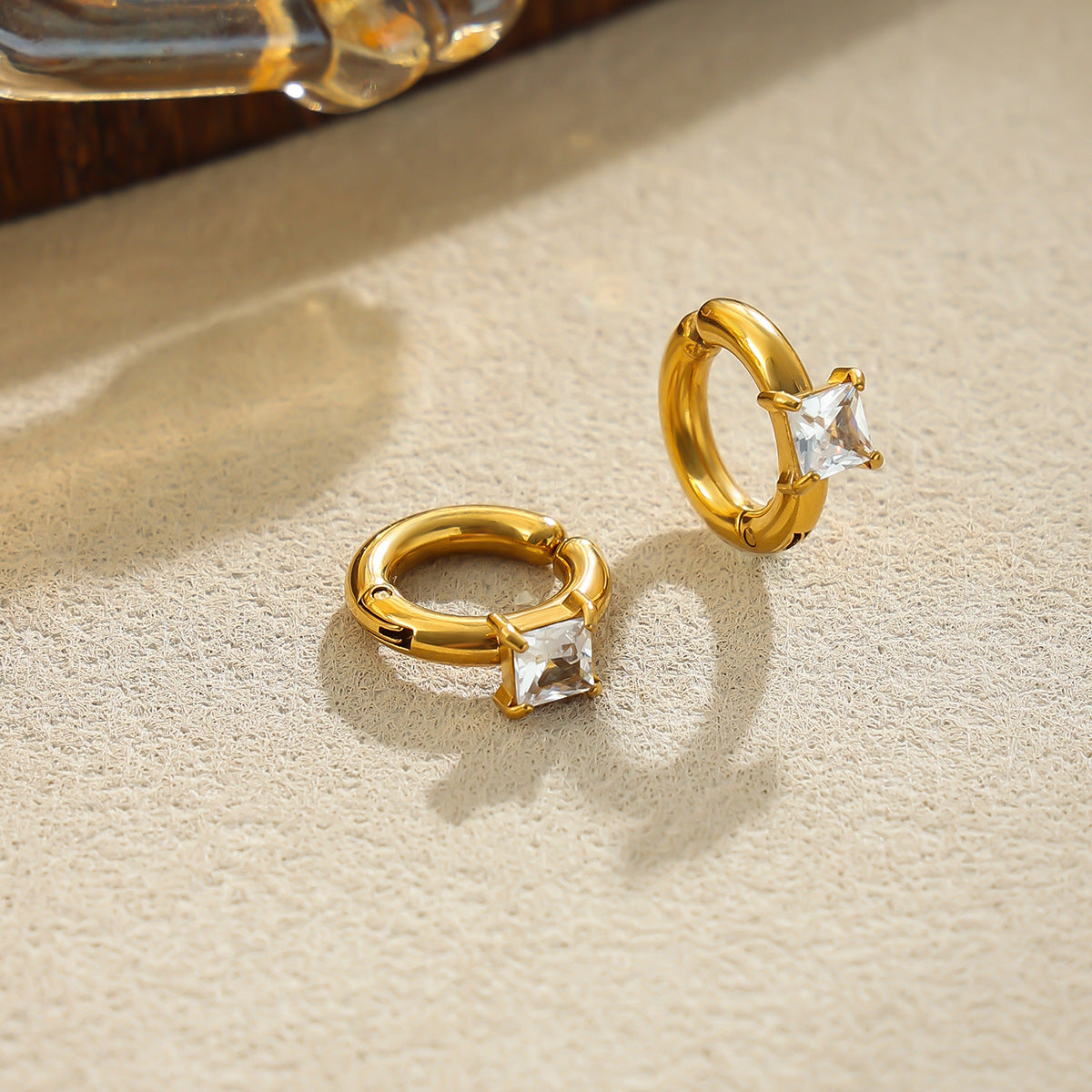 18K Gold Plated Stainless Steel Square Cubic Zirconia Geometric Open Hoop Earrings for Women