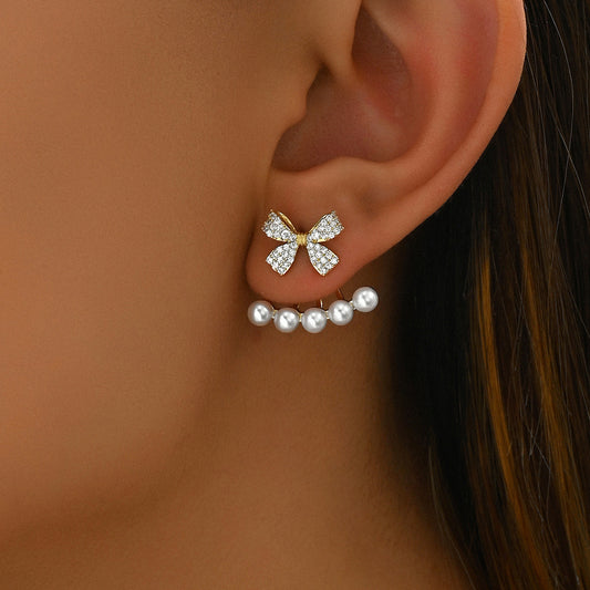 Minimalist Sweet Ear Studs for Women with Bow Shape and Geometric Design, Copper Base with Zircon Inlay and Pearl Accents