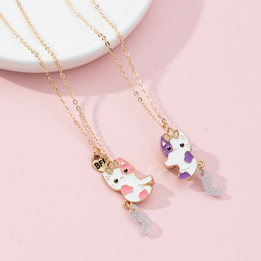Collana con ciondolo gatto cartone animato per bambini, collana in lega con finitura smaltata, stile catena serpente per bambine dai 3 ai 10 anni
