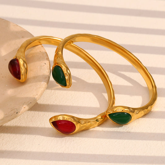 Pulsera de Ágata con Doble Cabeza de Serpiente Geométrica de Inspiración Francesa Vintage para Mujer en Acero Inoxidable con Chapado en Oro de 18K
