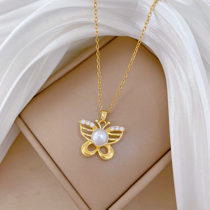 Sweet Elegant Hollow Butterfly Pearl Rhinestone Necklace Titanium Steel Cable Chain for Women
