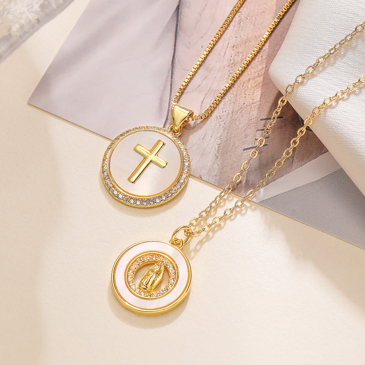 Minimalist Cross-Shaped Pendant Necklace for Women with Copper Base Plated in 18K Gold Featuring White Abalone and Cubic Zirconia on a Delicate Clavicle Chain