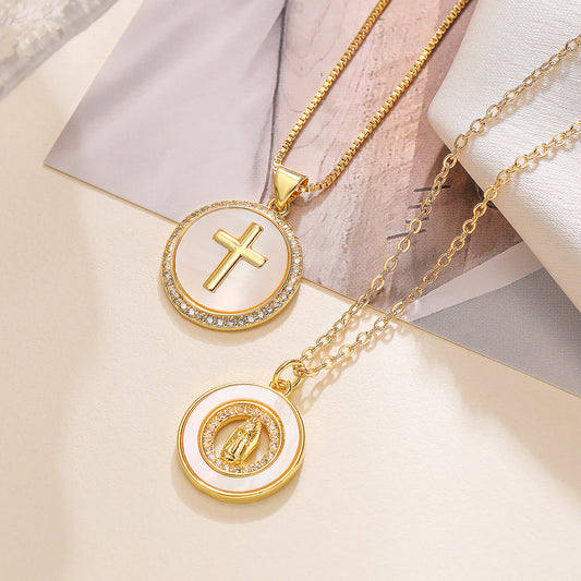 Minimalist Cross-Shaped Pendant Necklace for Women with Copper Base Plated in 18K Gold Featuring White Abalone and Cubic Zirconia on a Delicate Clavicle Chain