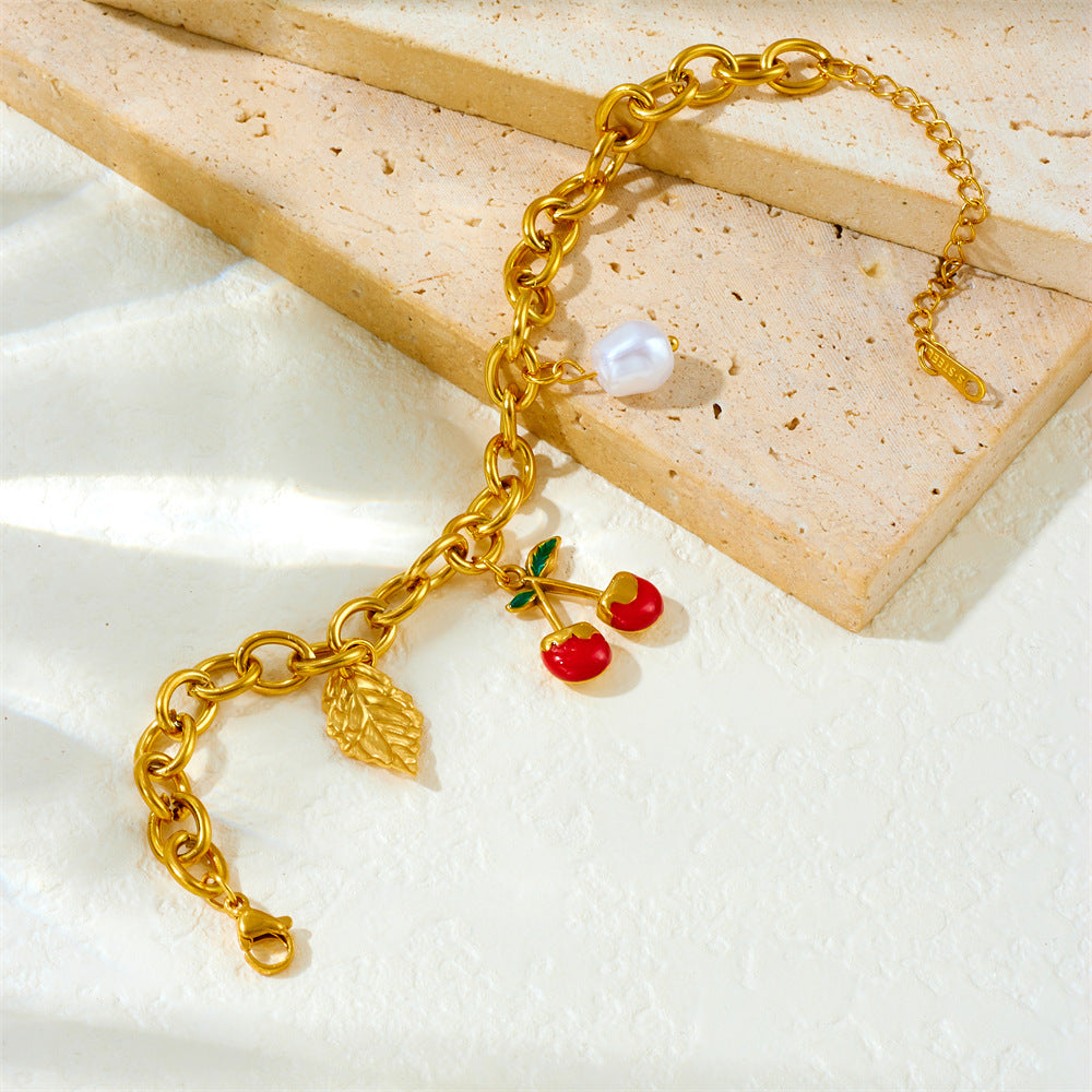 Sweet Plated Stainless Steel Fruit Leaf Pearl Charm Bar Bracelet for Women
