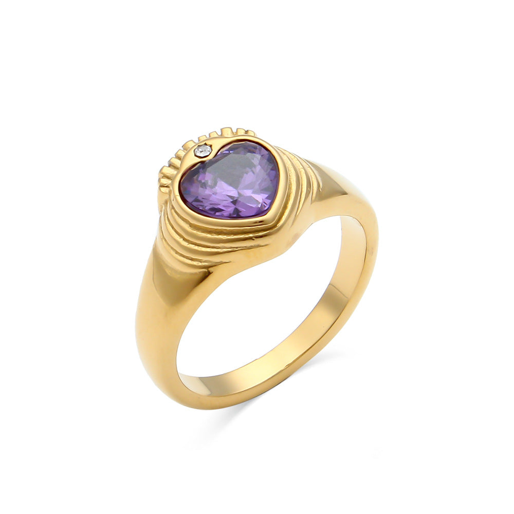 Luxury Vintage-Inspired Geometric Crown Heart Ring in Stainless Steel with 18K Gold Plating and Zircon Inlay