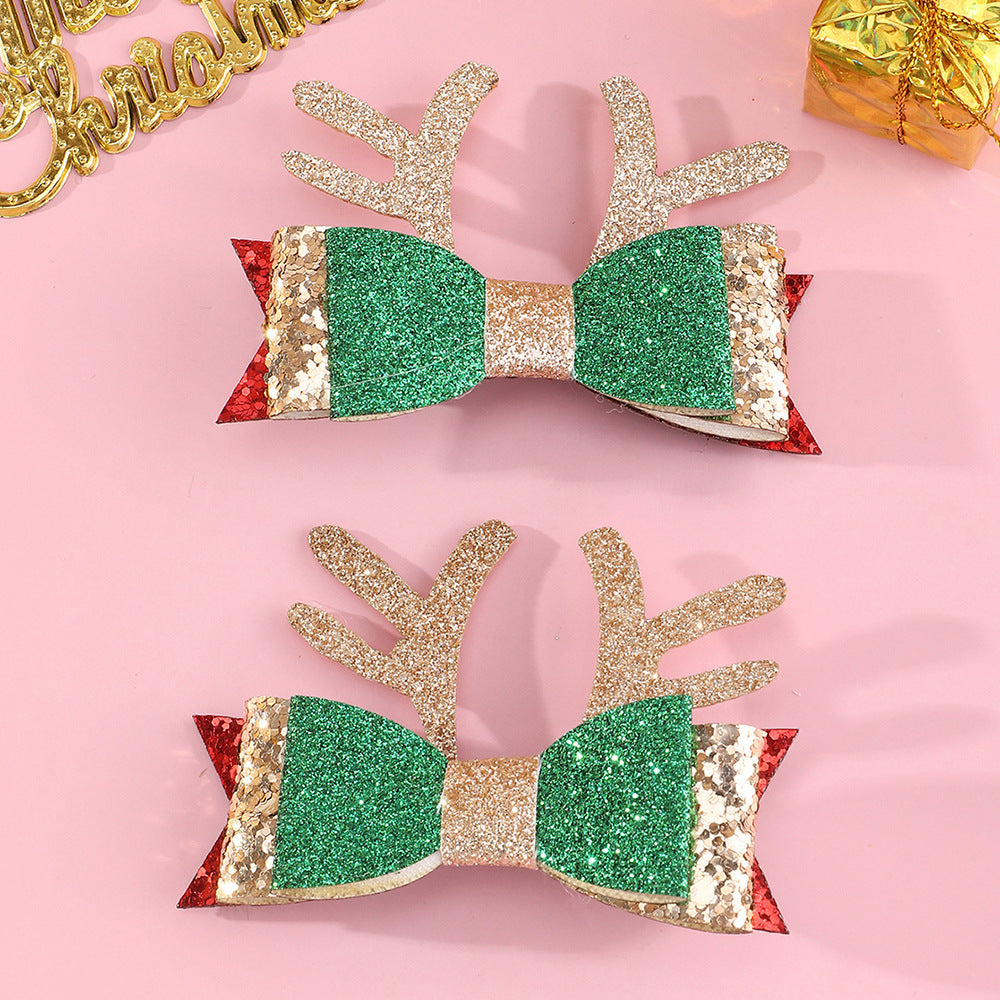 Juego de pinzas de pelo de orejas de ciervo y lazo hechas a mano para niños en piel sintética roja y verde con detalles de purpurina para Navidad