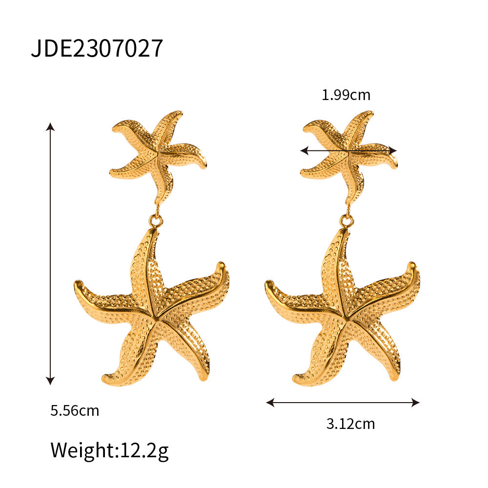 Orecchini da donna in acciaio inossidabile placcato oro 18K con stelle marine e conchiglie, alla moda
