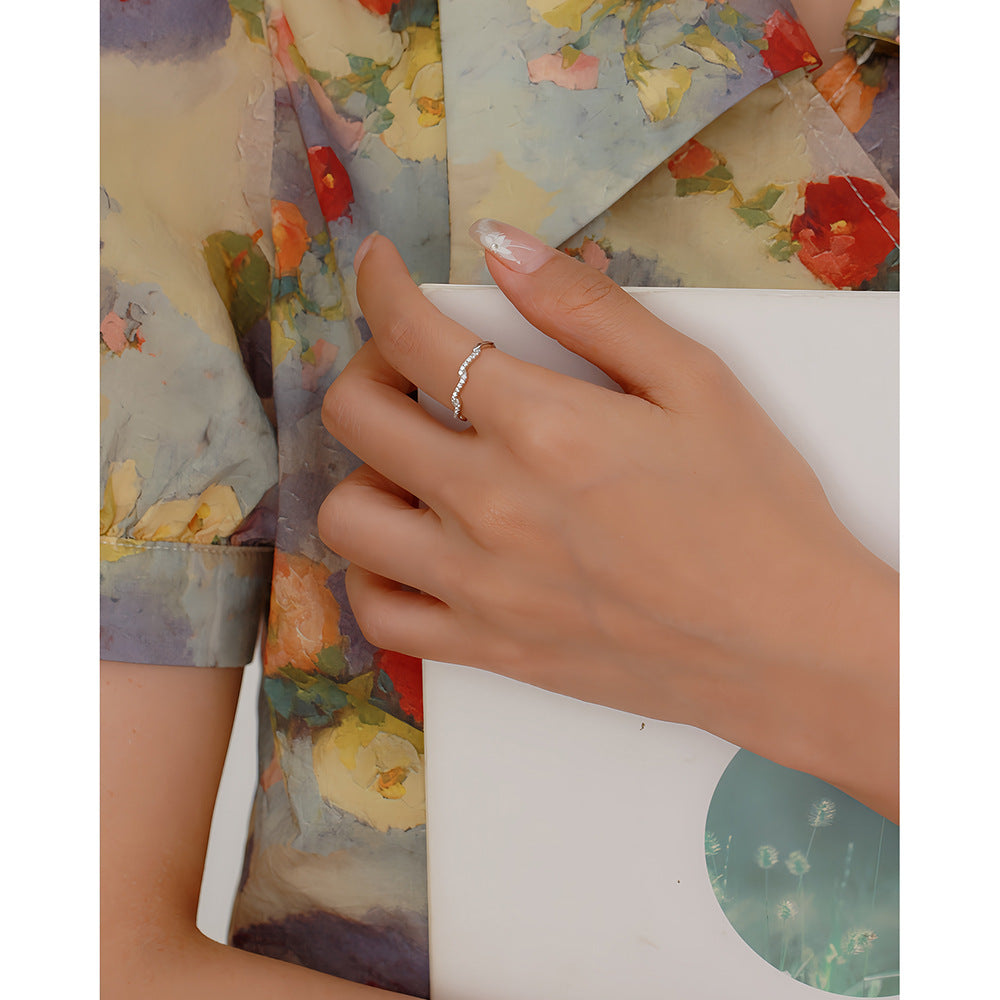 Minimalist Geometric Wave-Textured S925 Sterling Silver Ring for Women with Rhinestone Inlay, Stackable Index Finger Band