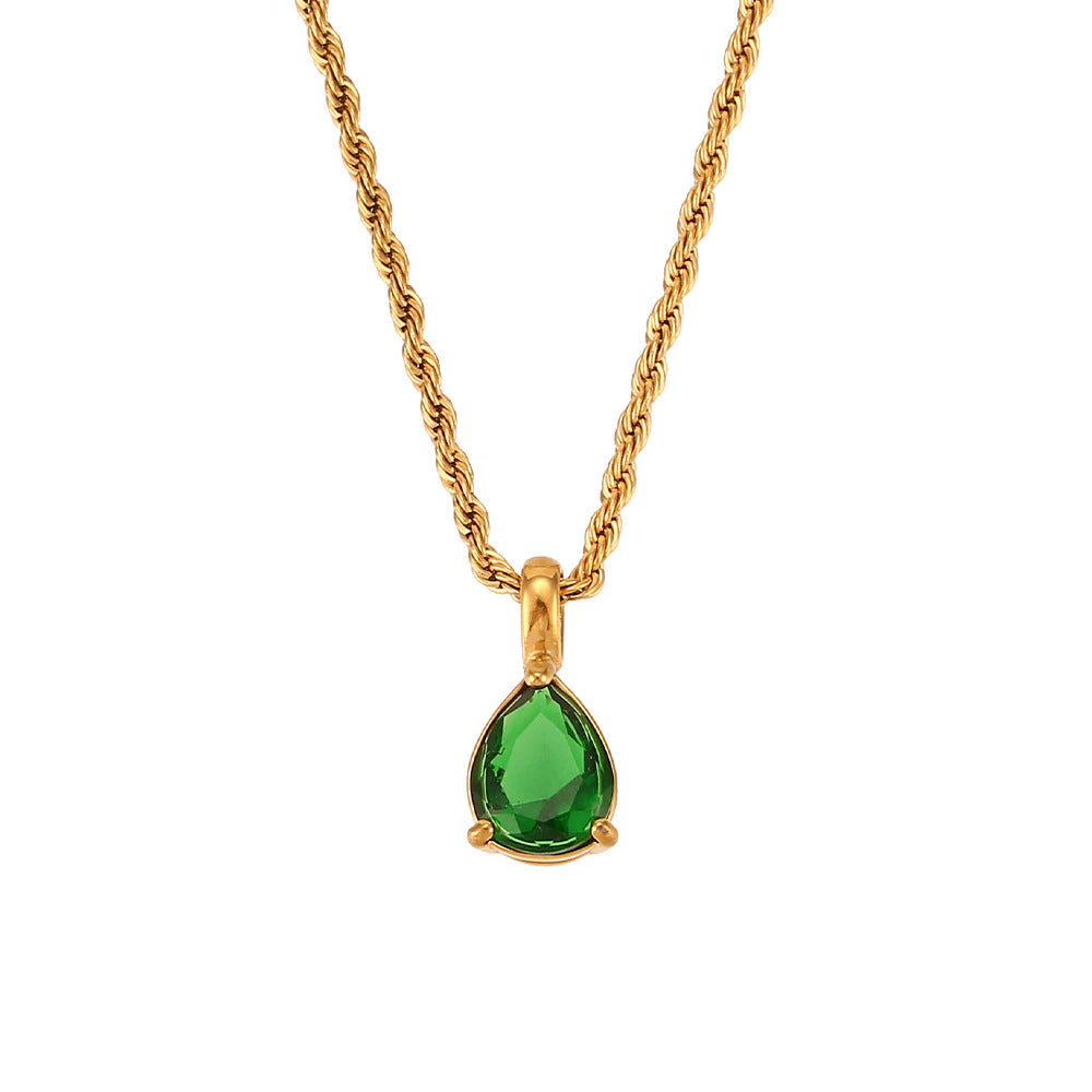 Fashionable Vintage Geometric Stainless Steel Twisted Rope Necklace with Teardrop Rhinestone Pendant for Women