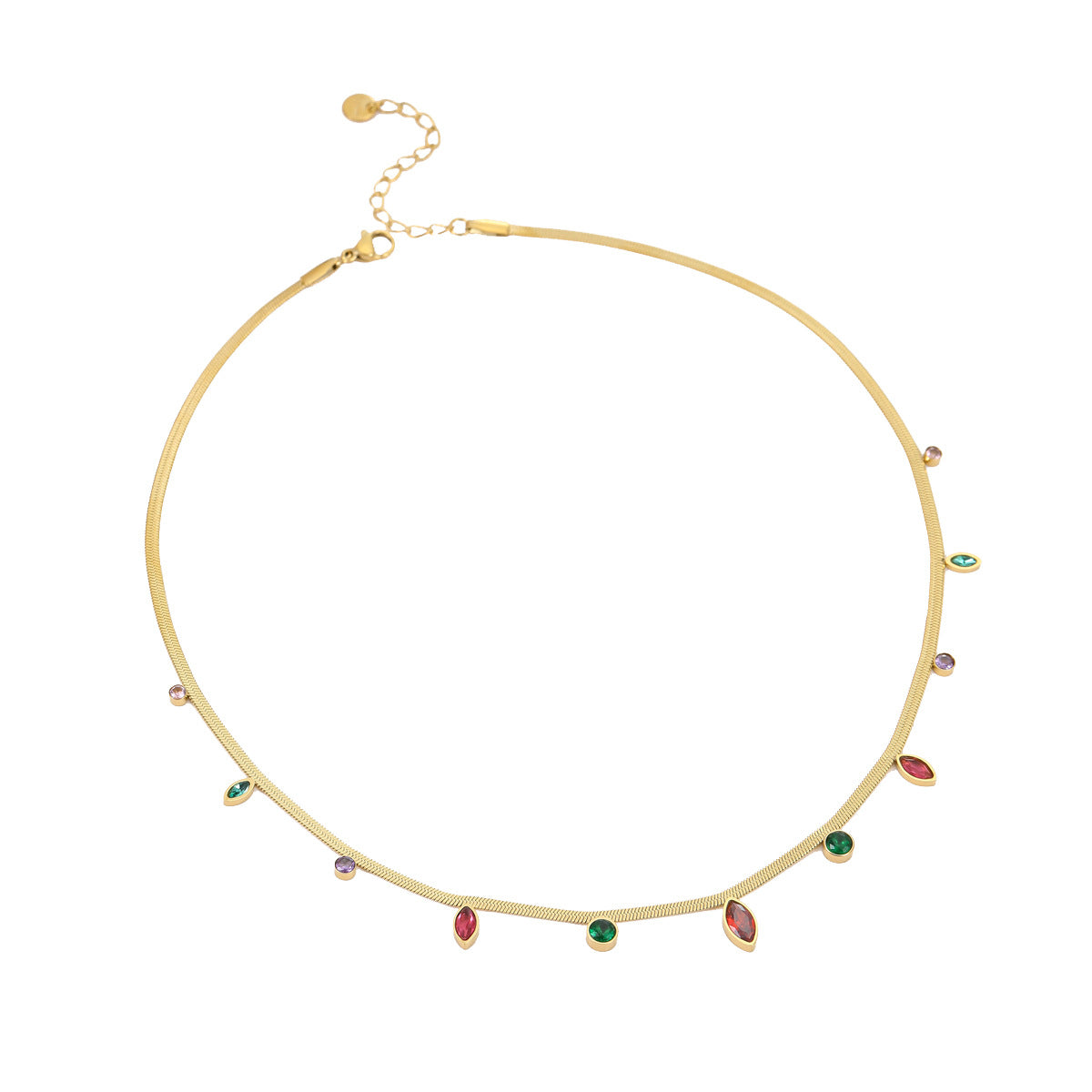 Collar de moda de acero inoxidable con colgante geométrico, acabado chapado y detalle de circonita de colores para mujer