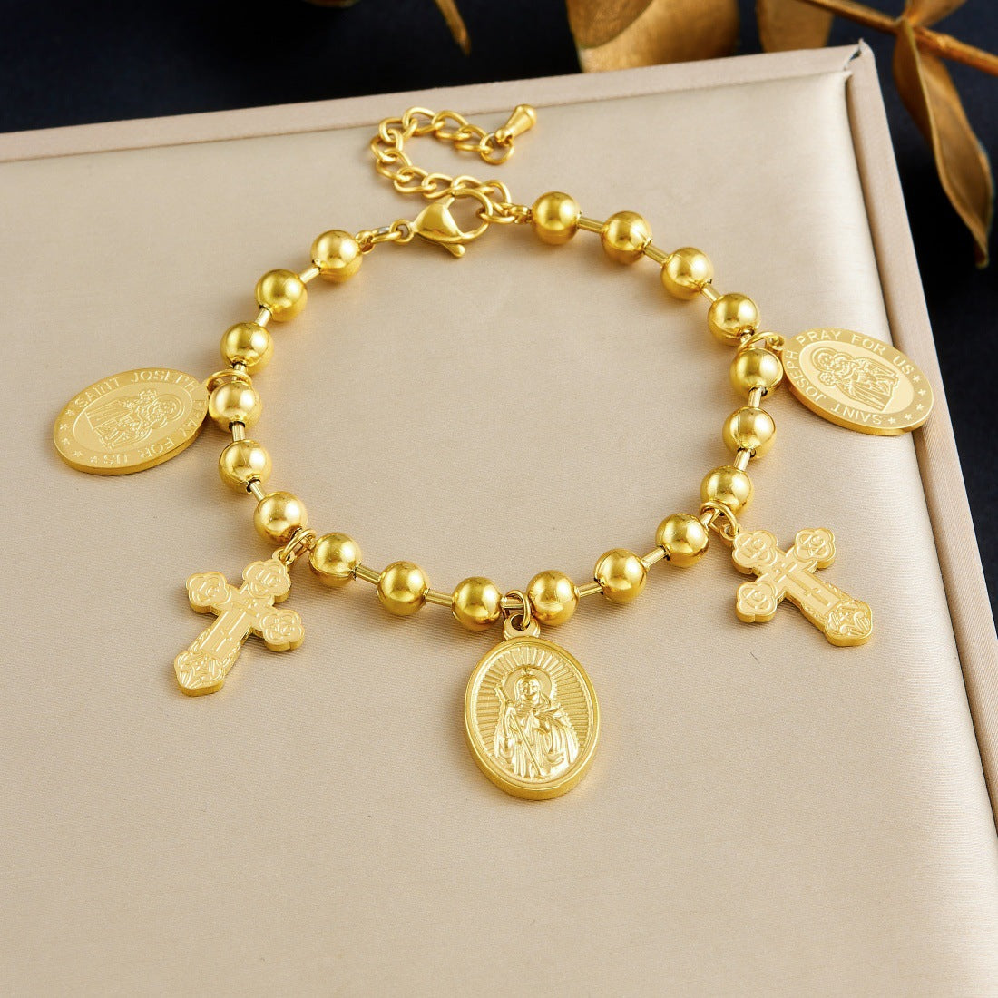 Vintage Gold Plated Stainless Steel Oval Cross Portrait Pendant Ball Chain Necklace