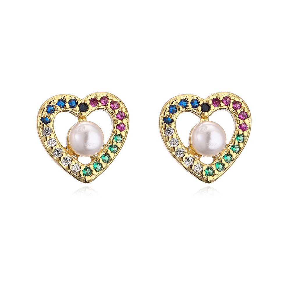 Minimalist Heart-Shaped Copper Earrings with 18K Gold Plating Micro-Pave Zirconia and Pearl Accents for Women