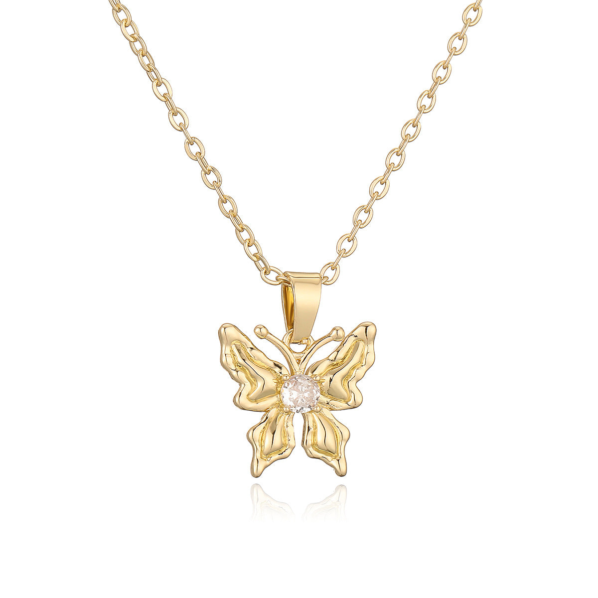 Minimalist Butterfly Pendant Necklace for Women Made of Brass with Rhinestone Inlay and Gold Plating
