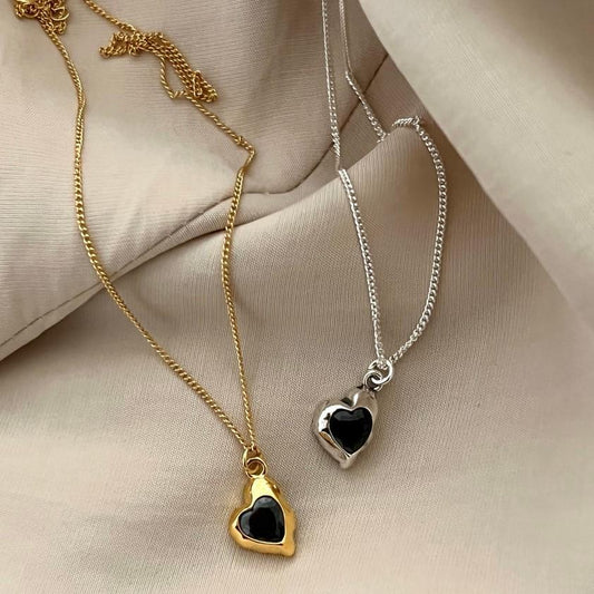 Minimalist Heart-Shaped 925 Sterling Silver Necklace with Black Zirconia Inlay, Dainty Beaded Chain, Elegant Geometric Pendant