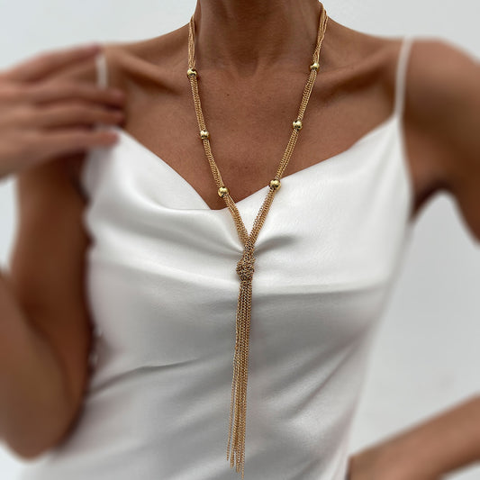 Minimalist Geometric Y-Shaped Metal Layered Necklace with Tassel Pendant for Women