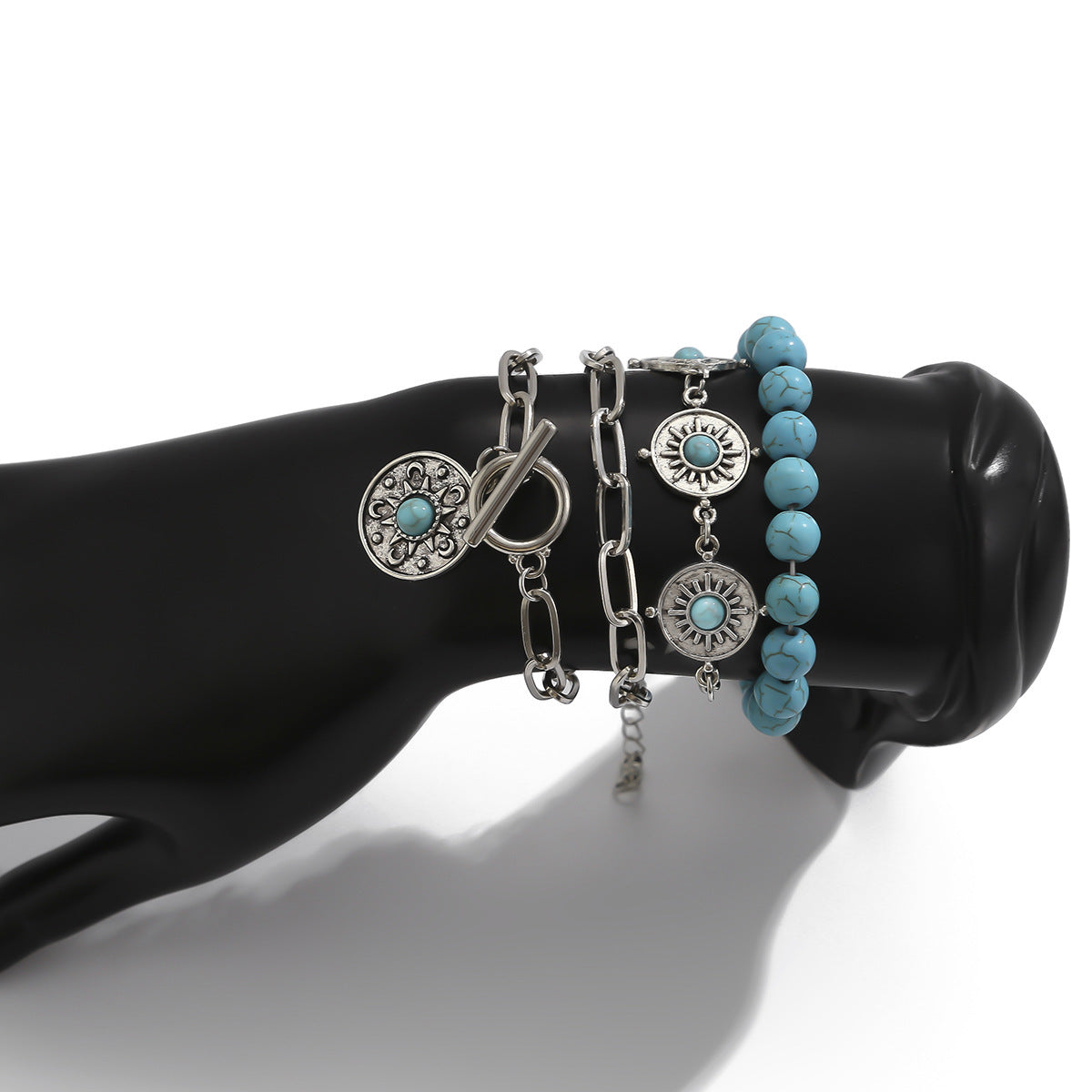 Plated Alloy Curb Chain Bracelet Set with Turquoise for Women