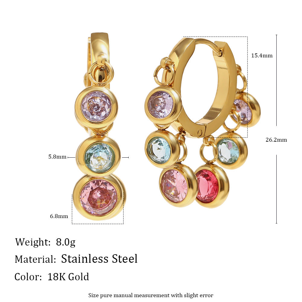 Light Luxury Vintage Geometric Tassel Earrings for Women Stainless Steel 18K Gold Plated Colorful Rhinestone