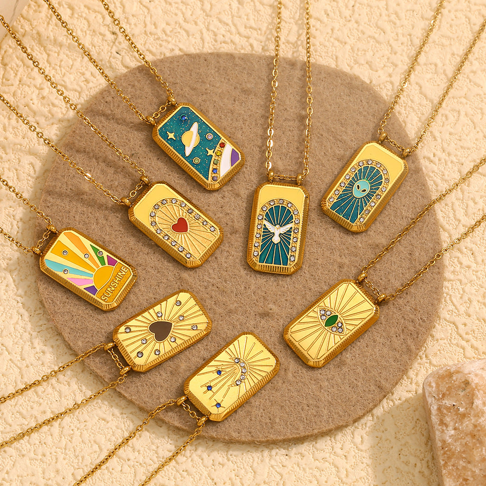 Vintage Elegant Geometric Square Stainless Steel Gold Plated Drip Oil Tarot Pendant Necklace for Women