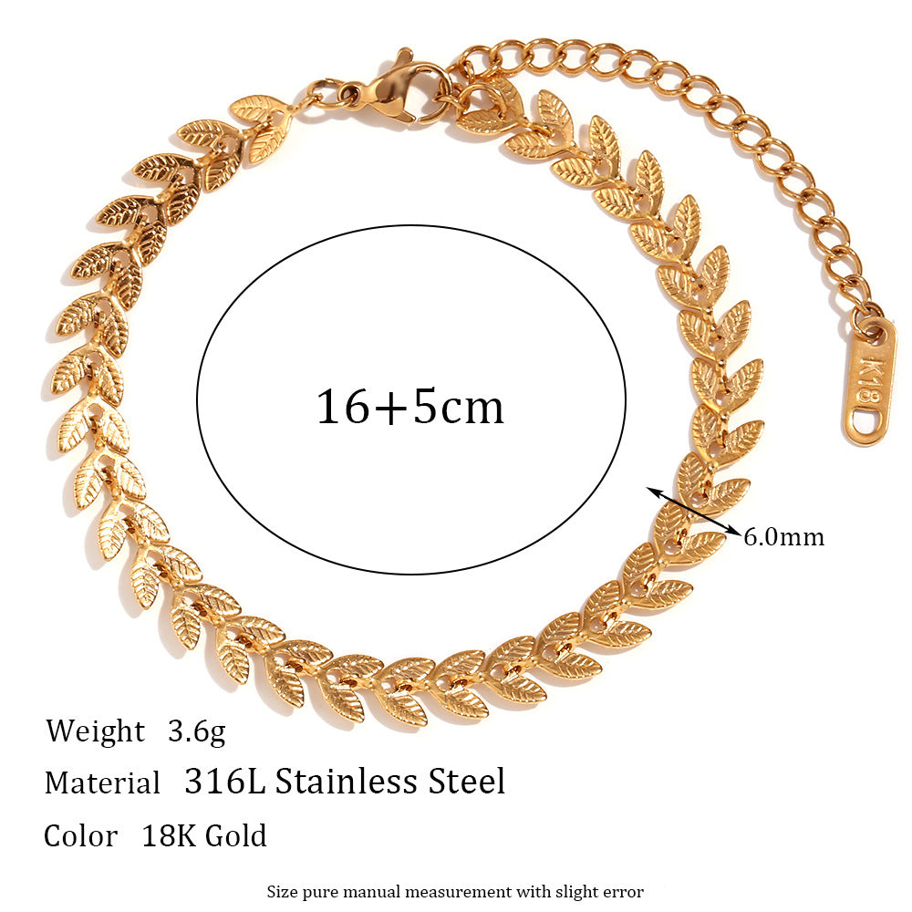 Minimalist Geometric Titanium Steel Bracelet and Anklet Set with 18K Gold Plated Leaf Pendant on Stainless Steel Chain