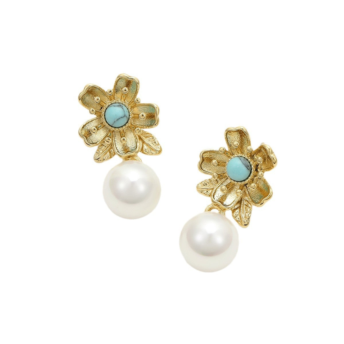 Pendientes colgantes florales de estilo vintage con piedras naturales y detalles de perlas en acero inoxidable con acabado chapado para mujer