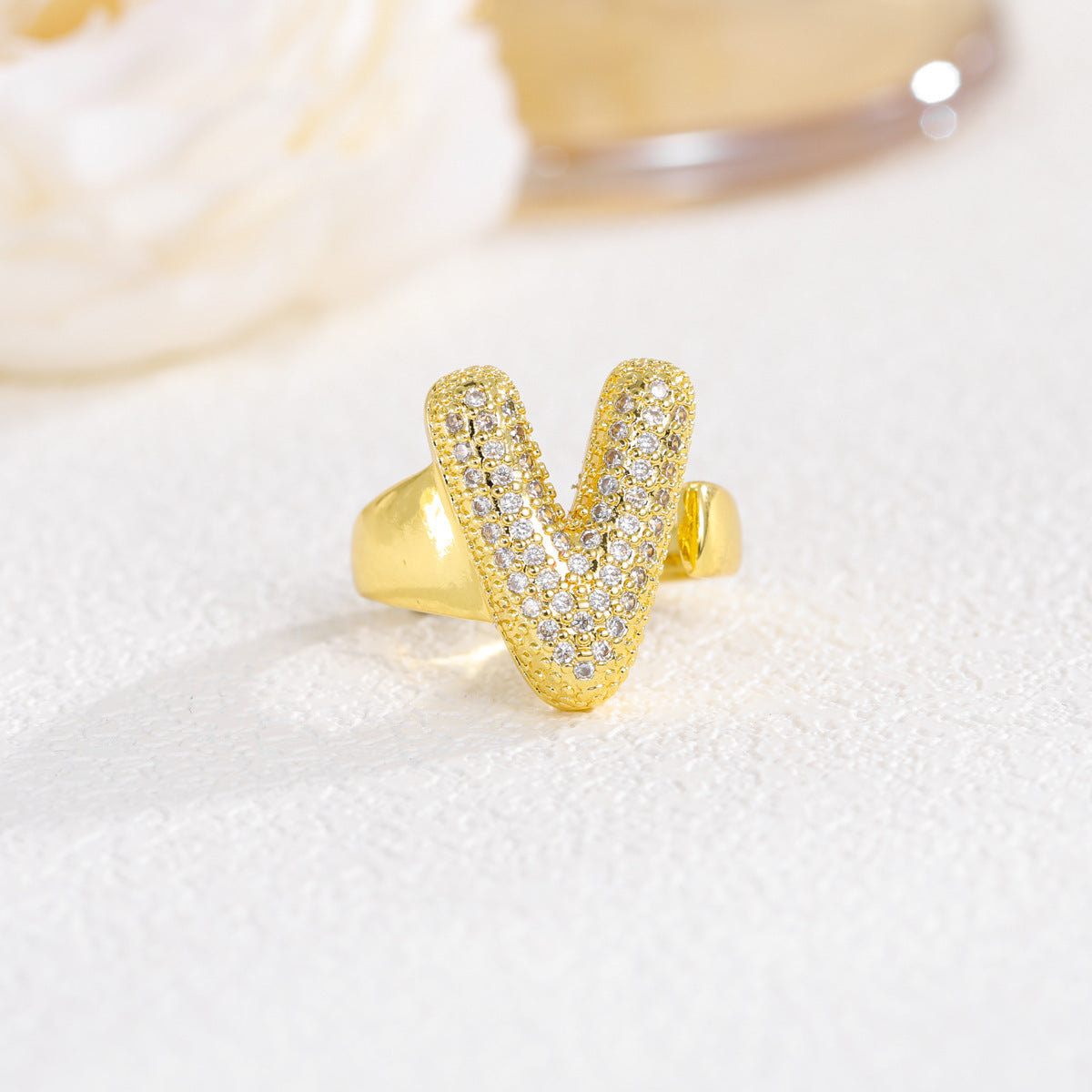 Sweet Plated Brass Letter Ring with Cubic Zirconia Adjustable Open Ring for Women and Men