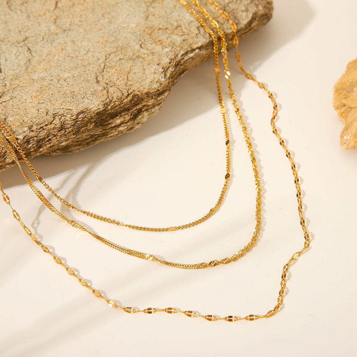 Trendy Geometric 18K Gold Plated Stainless Steel Triple Layer Necklace for Women