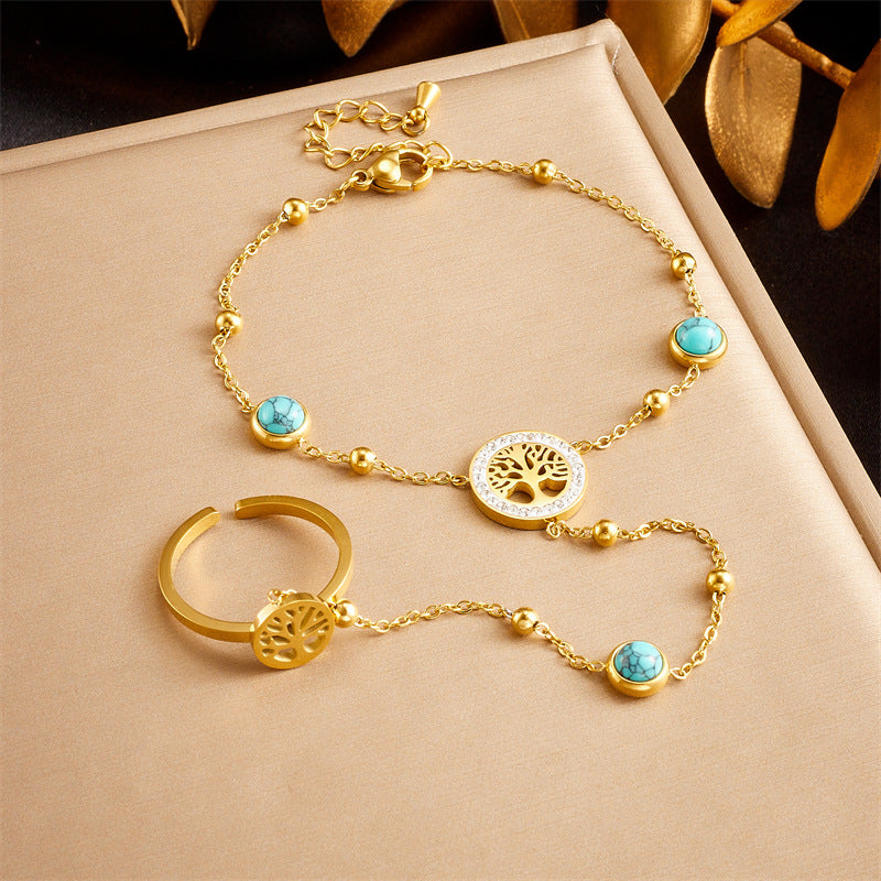 Bracciale di Tendenza Blu Turchese in Stile Vintage con Albero della Vita e Catena in Acciaio Inox Placcato Oro