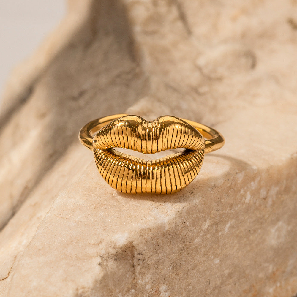 Fashion Ins Style Geometric Lip Pattern Plated 18K Gold Stainless Steel Open Ring for Women