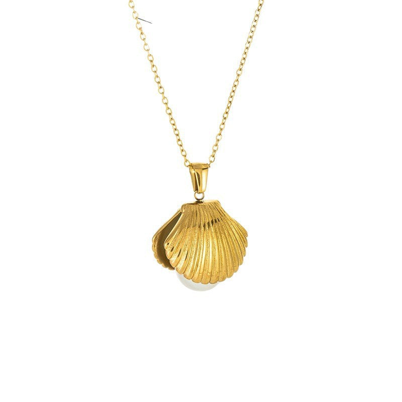 Collana da donna in Acciaio Inossidabile Placcato Oro 18K con Perla a Conchiglia di Lusso