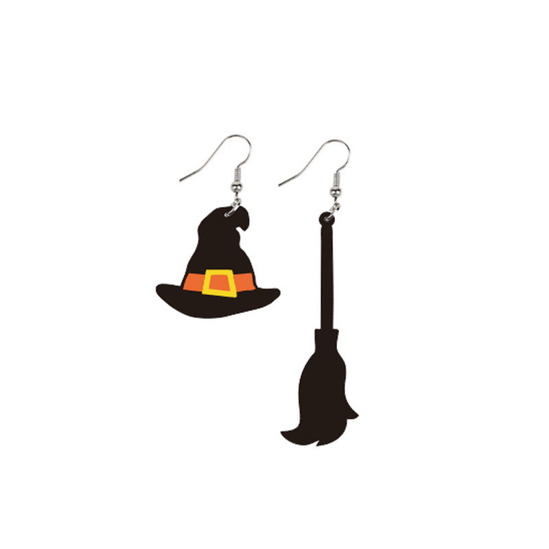 Pendientes de acrílico con temática de Halloween, diseño de fantasmas, brujas, escobas, murciélagos, castillos, con personajes de dibujos animados y patrón impreso