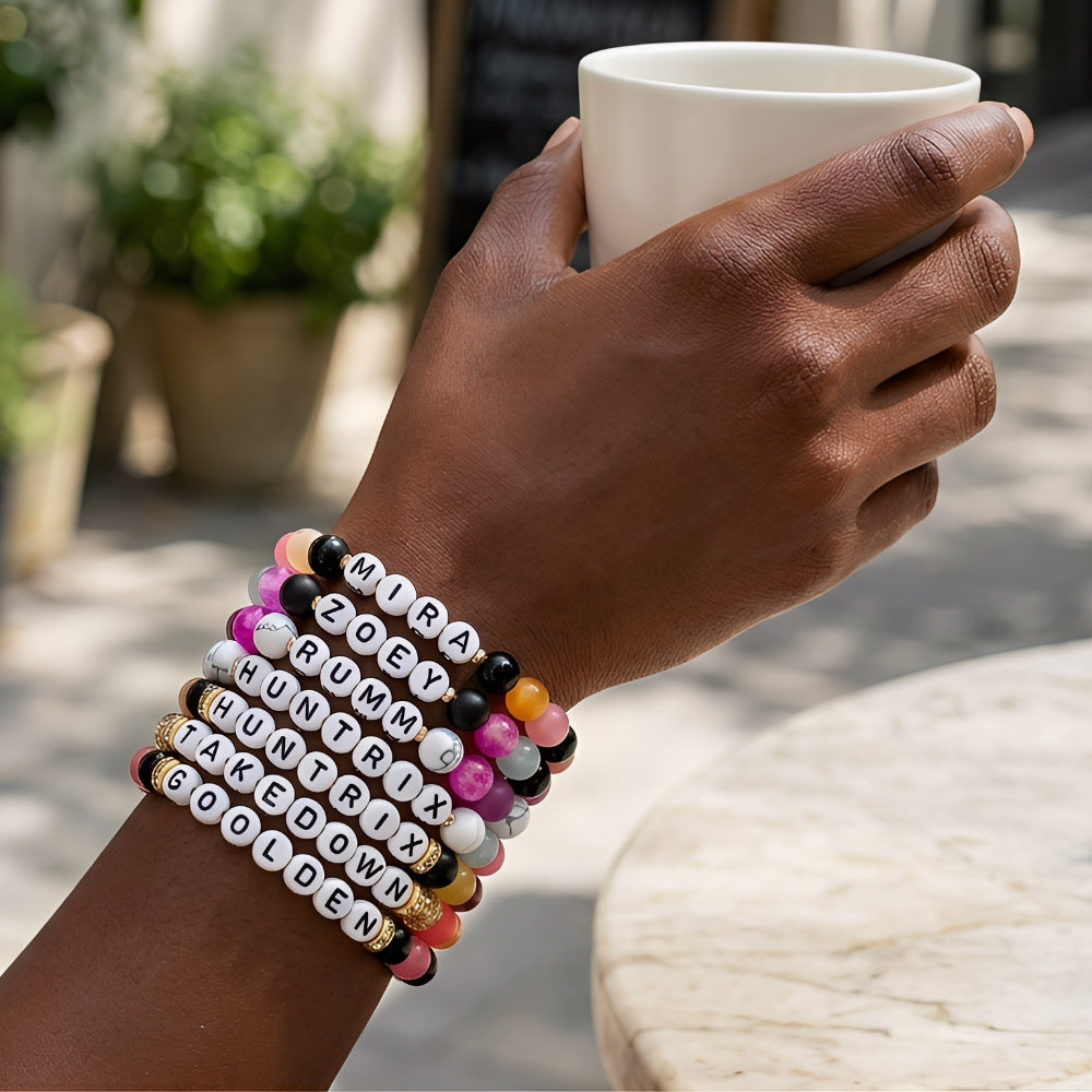 Cute Handmade Acrylic Glass Letter Round Beaded Stretch Bracelet