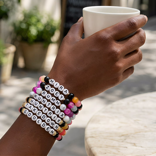 Cute Handmade Acrylic Glass Letter Round Beaded Stretch Bracelet