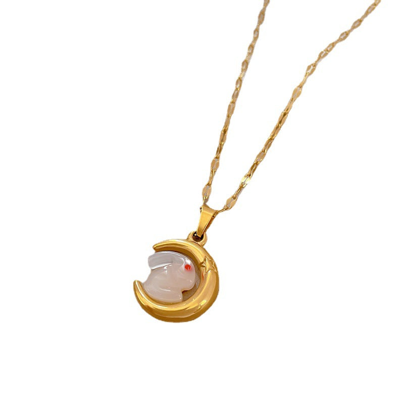 Collar con colgante minimalista de luna y conejo de acero de titanio para mujer, cadena con medallón geométrico, a la moda para la oficina