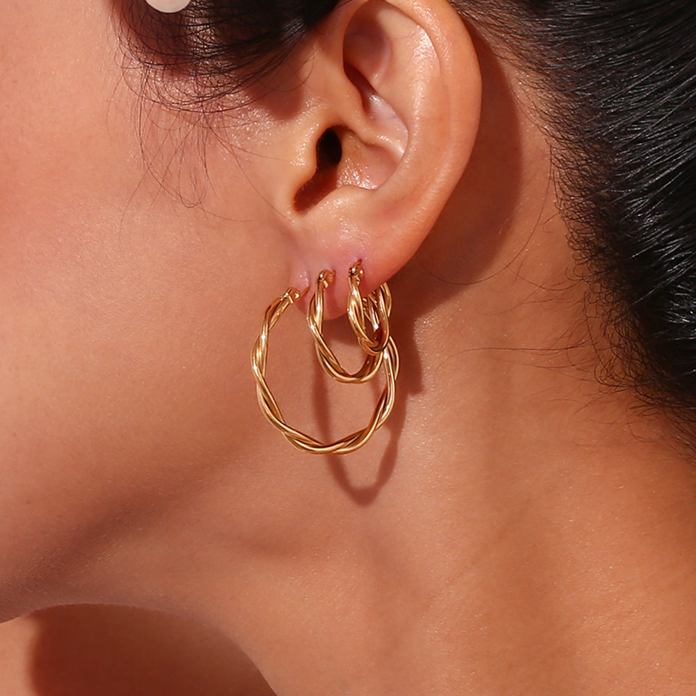 Minimalist Geometric Stainless Steel 18K Gold Plated Thin Braided Hoop Earrings for Women