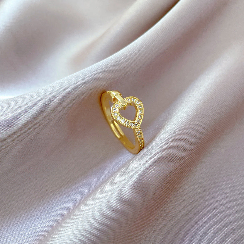 Kawaii Style Heart-Shaped Gold-Plated Brass Adjustable Ring for Women with Crown Detail