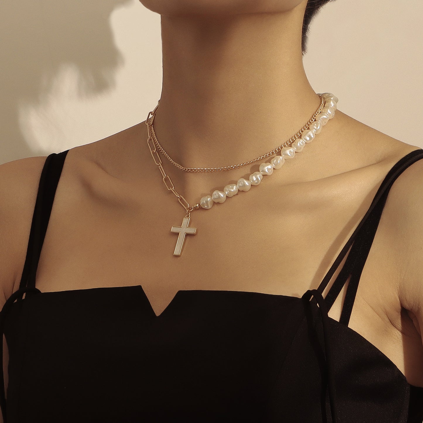 Fashionable Two-Tier Layered Cross Pendant Necklace for Women in Alloy with Electroplated Finish and White Mother-of-Pearl Inlay